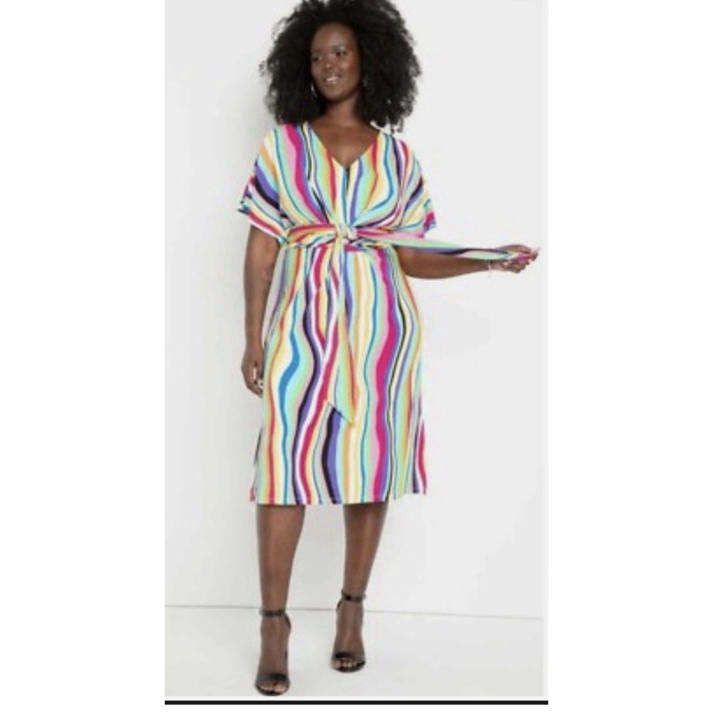 Eloquii Dress Sz 20 Wrap Around Multicolor Midi Stripe V-Neck Pullover NWT